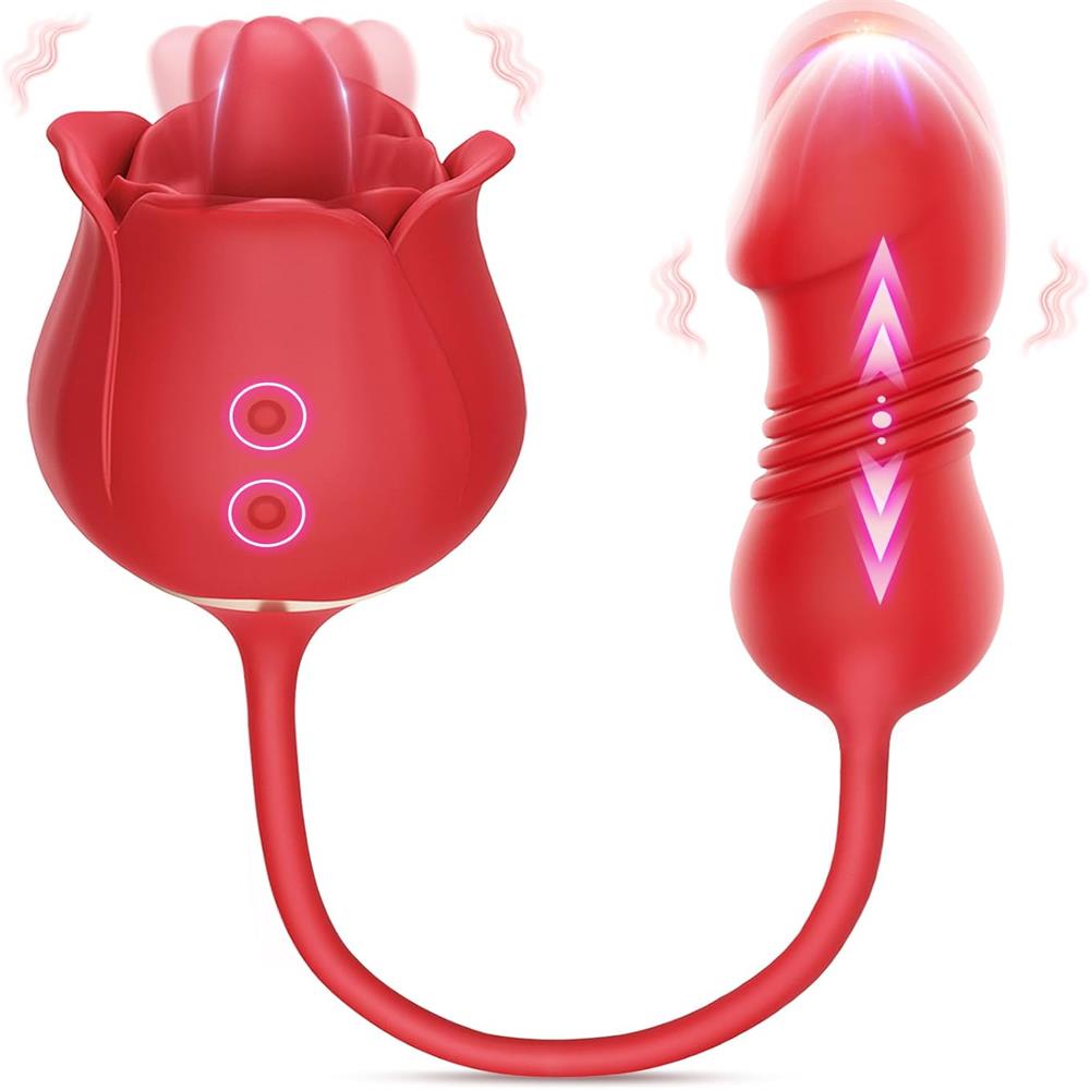 Rose Toy with Thrusting Dildo for Couples - Clitoral Nipple Licker for Woman