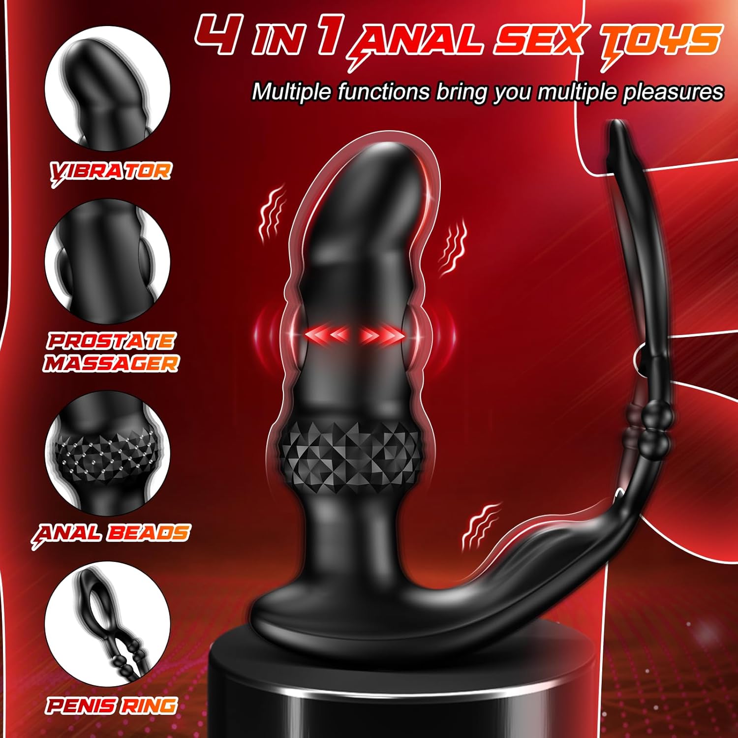 Anal Plug Vibrator Dual Cock Ring with 10 Vibrating & 3 Double Tapping Modes