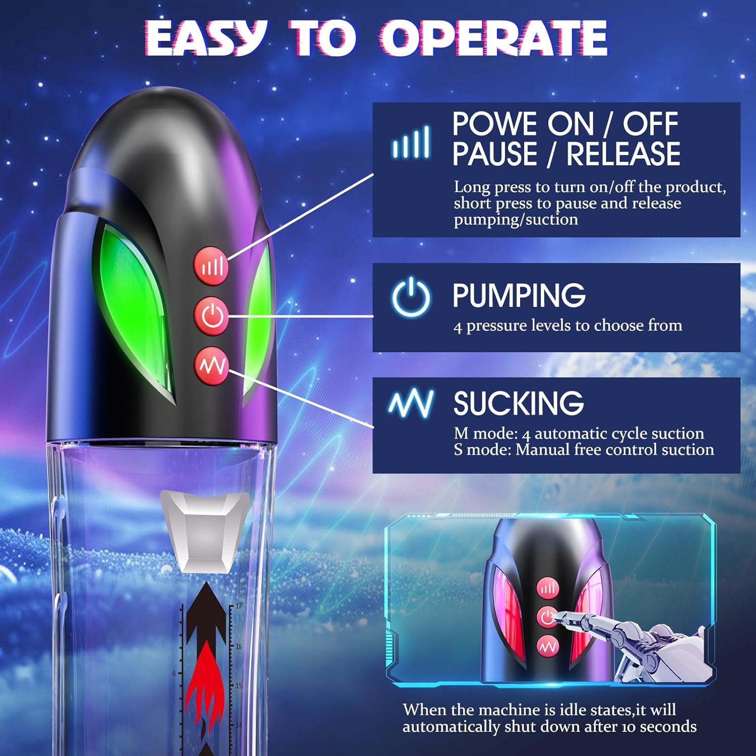 3-Color LED Penis Enlarge Vacuum Pump with Auto Pressure Adjustment (Green, Yellow, Red)