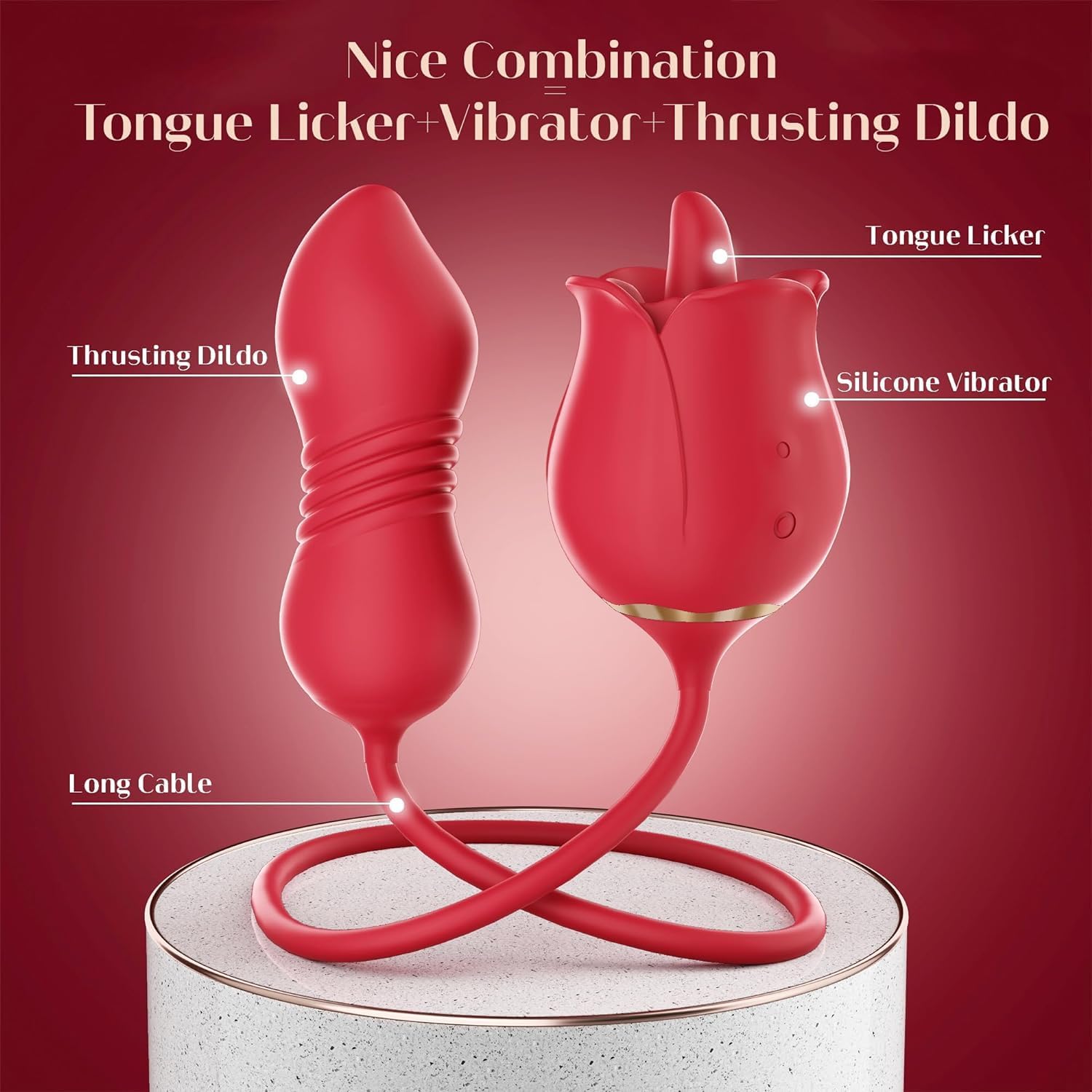 Rose Toy with Thrusting Dildo for Couples - Clitoral Nipple Licker for Woman