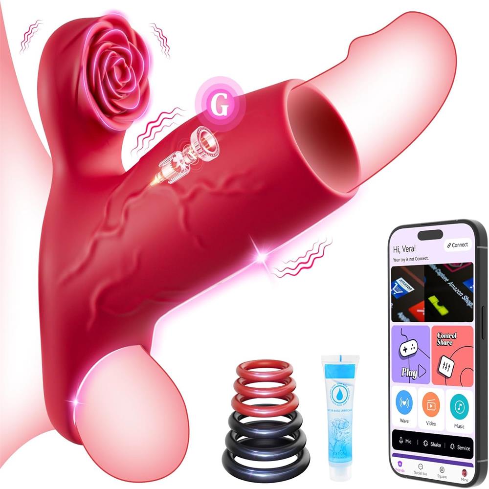 Cock Sleeve with Rose Clitoral Stimulator, App Control Cock Ring with 10 Vibrating Modes