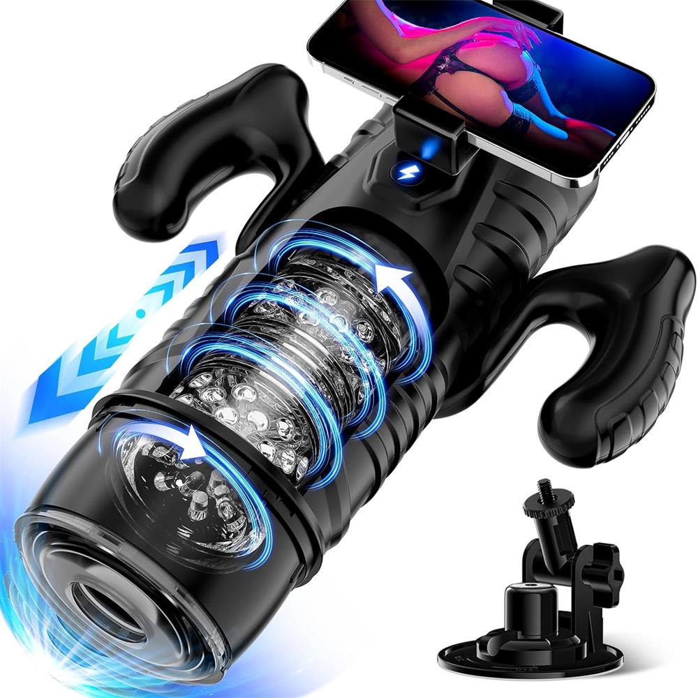 Automatic Thrusting Male Masturbator with Handle, Phone Holder, and Suction Base