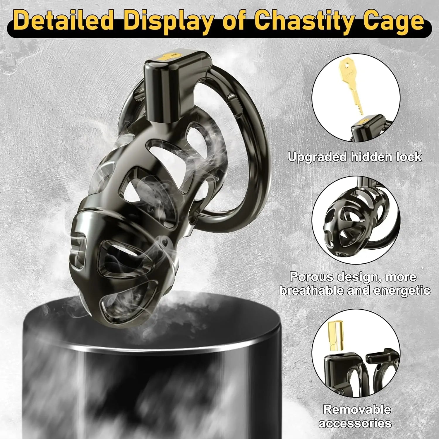 Male Metal Cock Chastity Cage Locked with 3 Active Sizes Rings 2 Keys